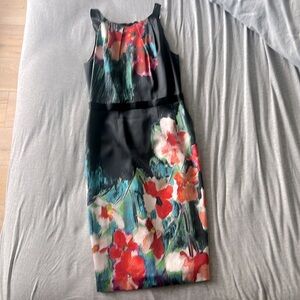 elie tahari black sleeveless floral print office dress silk poppy red flower